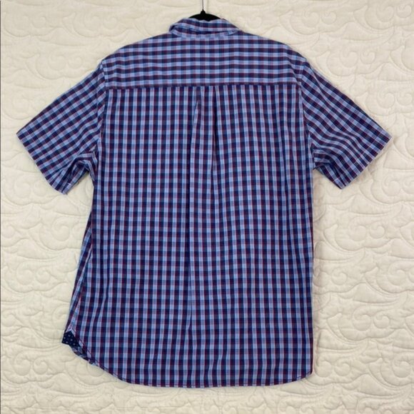 Short Sleeve Button Down Shirt Slim Fit with Blue and Red Gingham Pattern - Picture 2 of 7